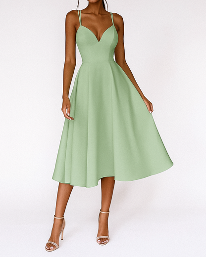 Elegant A-Line Midi Dress with Deep V-Neckline and Strappy Back