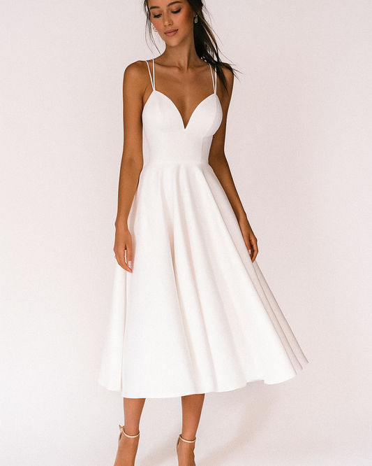 Elegant A-Line Midi Dress with Deep V-Neckline and Strappy Back