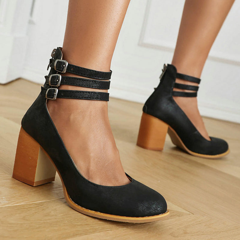 Elegant Ankle Strap Block Heel with Triple Buckle Detail