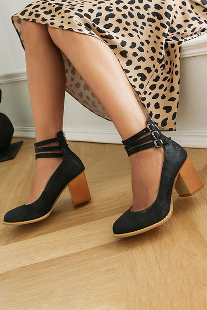 Elegant Ankle Strap Block Heel with Triple Buckle Detail