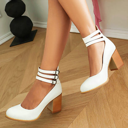 Elegant Ankle Strap Block Heel with Triple Buckle Detail