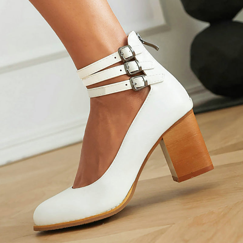 Elegant Ankle Strap Block Heel with Triple Buckle Detail