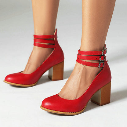 Elegant Ankle Strap Block Heel with Triple Buckle Detail