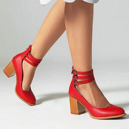 Elegant Ankle Strap Block Heel with Triple Buckle Detail