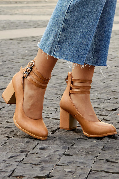 Elegant Ankle Strap Block Heel with Triple Buckle Detail