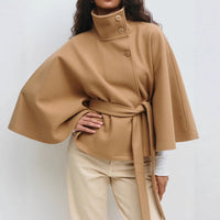 Elegant Belted Cape Coat with Stand Collar and Button Front