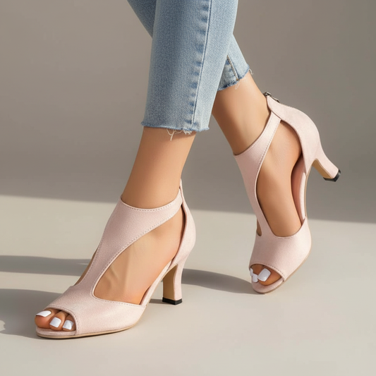 Elegant Cut Out Heeled Sandals with Peep Toe and Zip Back
