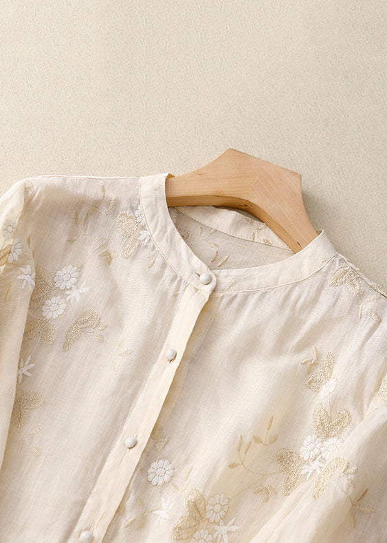 Elegant Floral Embroidered Blouse with Ruffle Cuffs and Button Front