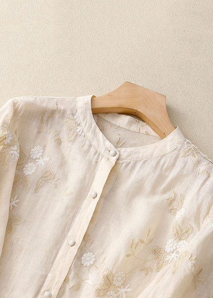 Elegant Floral Embroidered Blouse with Ruffle Cuffs and Button Front