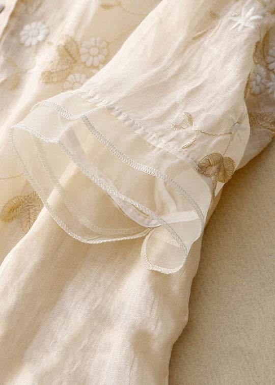 Elegant Floral Embroidered Blouse with Ruffle Cuffs and Button Front