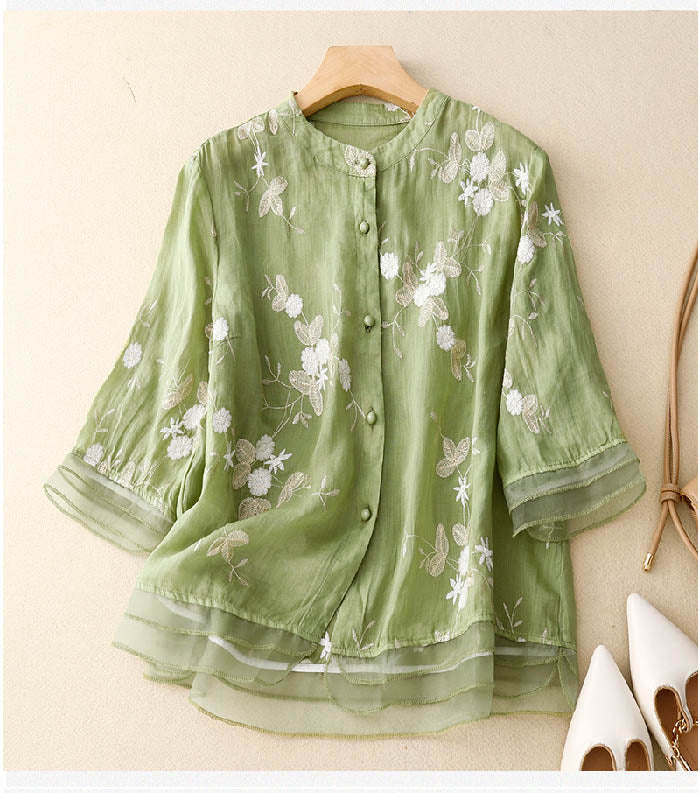 Elegant Floral Embroidered Blouse with Ruffle Cuffs and Button Front