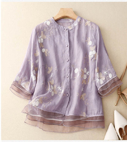 Elegant Floral Embroidered Blouse with Ruffle Cuffs and Button Front