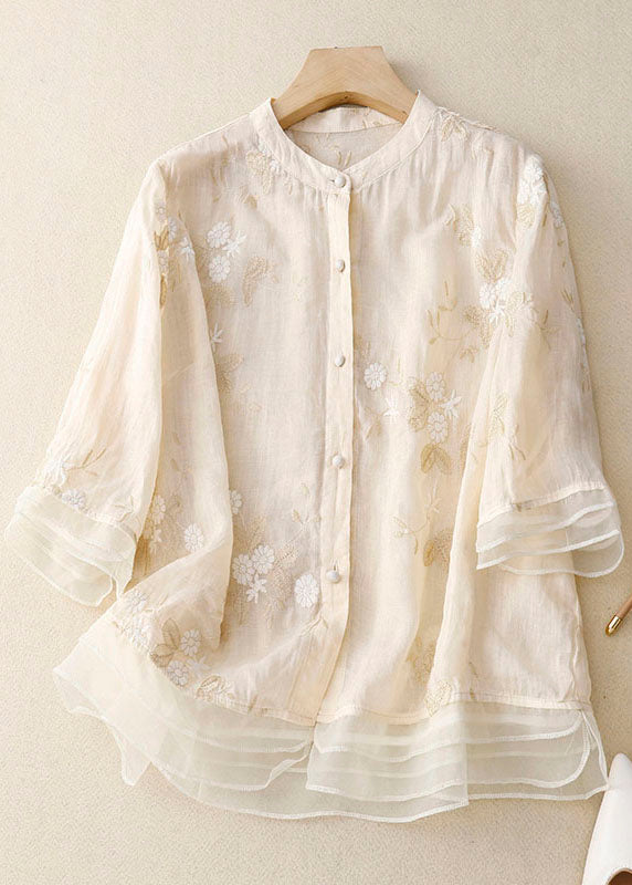 Elegant Floral Embroidered Blouse with Ruffle Cuffs and Button Front