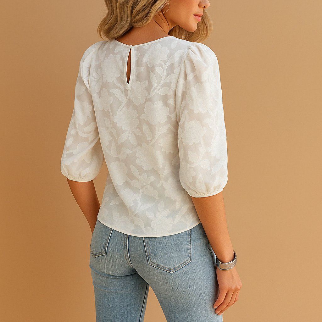 Elegant Floral Jacquard Blouse with Puff Sleeves
