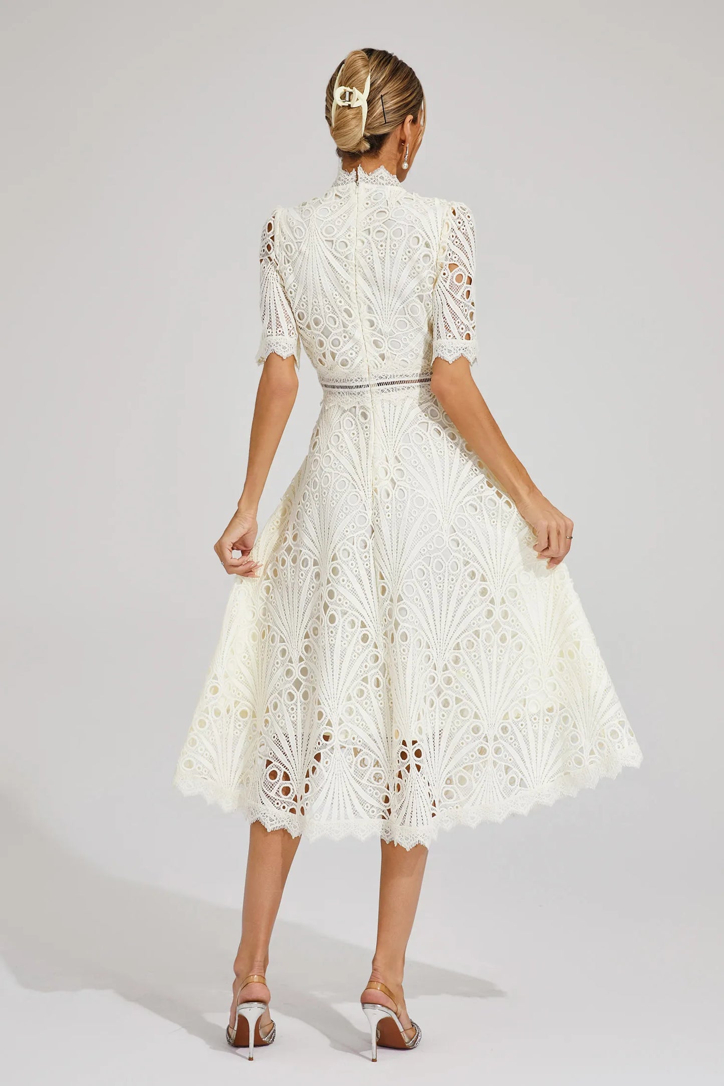 Elegant Lace Midi Dress with High Neck and Puff Sleeves
