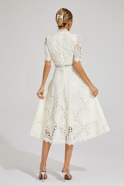 Elegant Lace Midi Dress with High Neck and Puff Sleeves