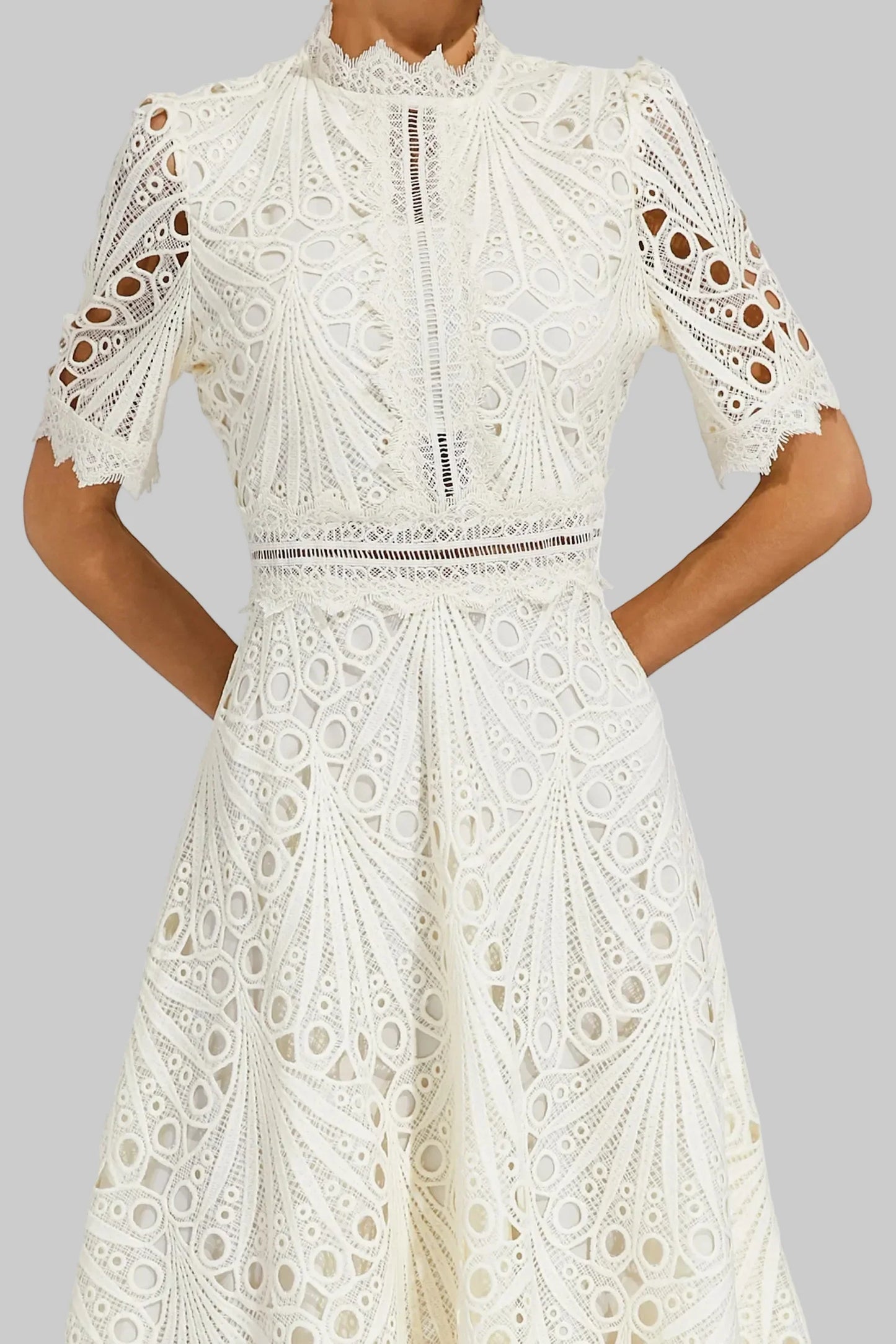 Elegant Lace Midi Dress with High Neck and Puff Sleeves