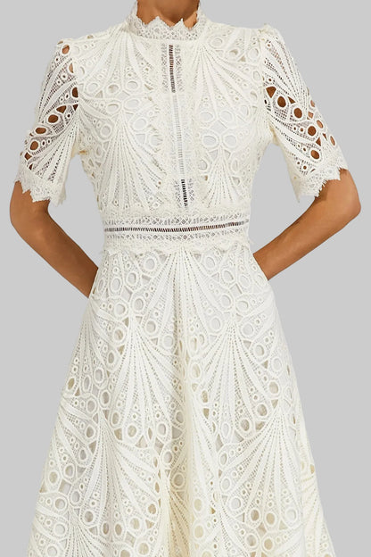 Elegant Lace Midi Dress with High Neck and Puff Sleeves