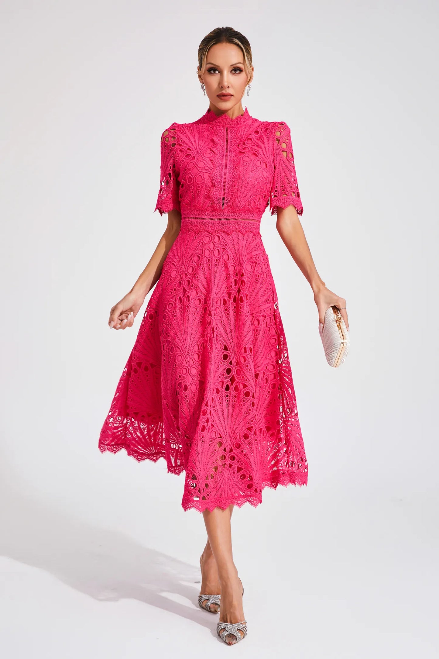 Elegant Lace Midi Dress with High Neck and Puff Sleeves