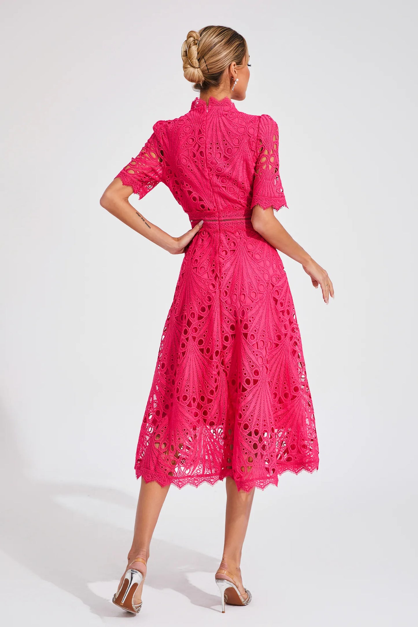 Elegant Lace Midi Dress with High Neck and Puff Sleeves