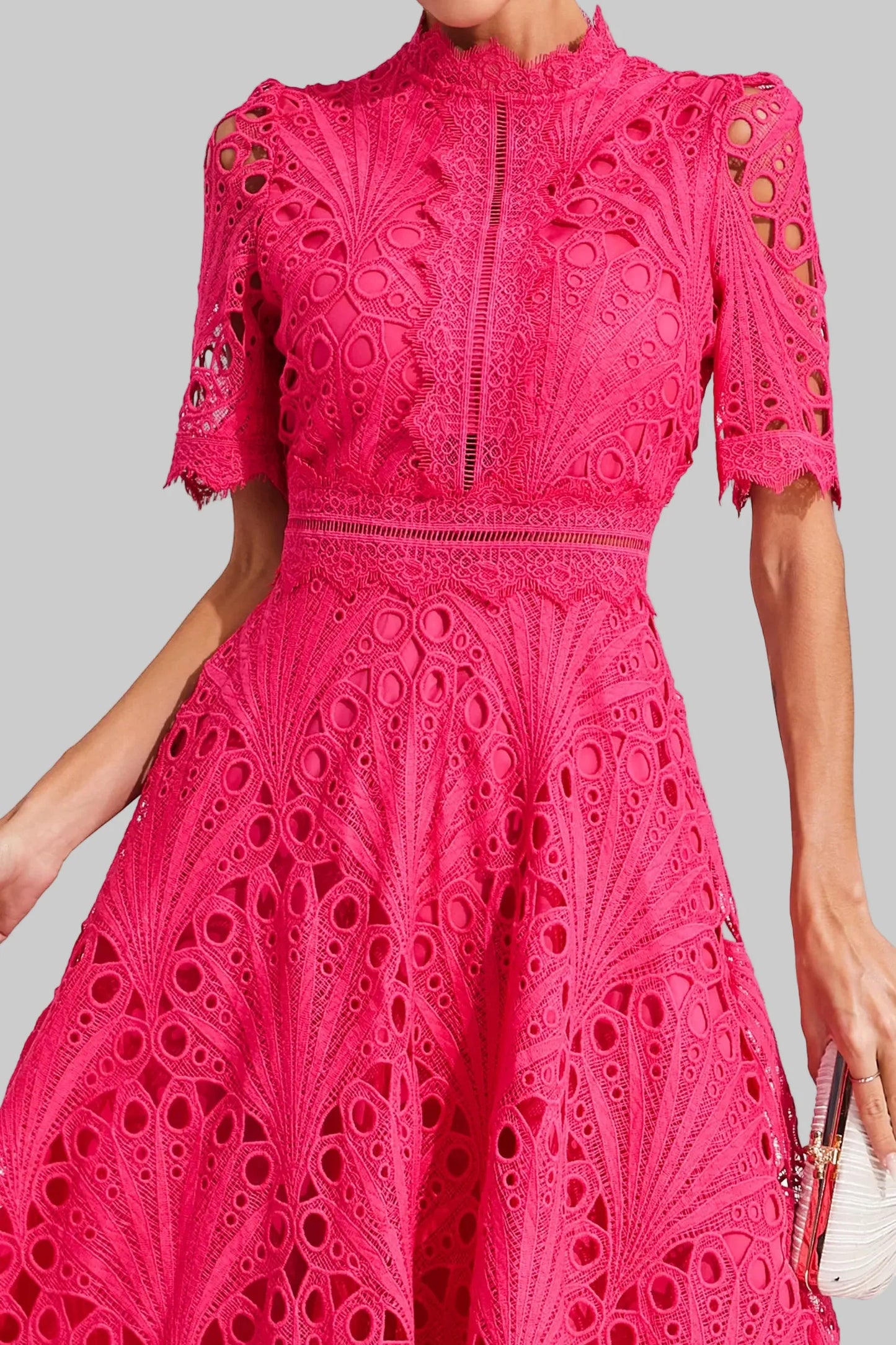 Elegant Lace Midi Dress with High Neck and Puff Sleeves