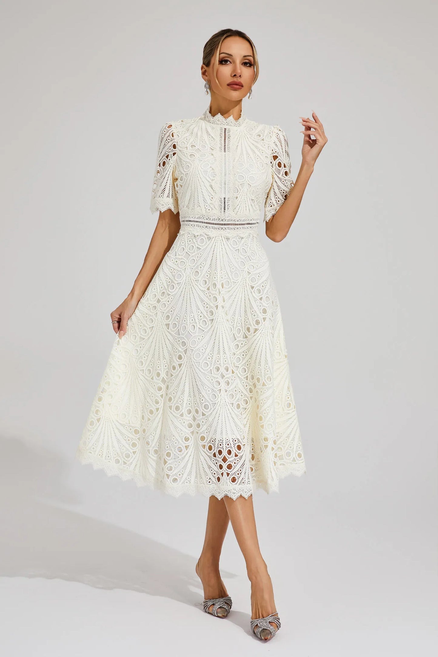 Elegant Lace Midi Dress with High Neck and Puff Sleeves