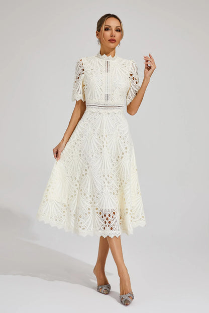 Elegant Lace Midi Dress with High Neck and Puff Sleeves