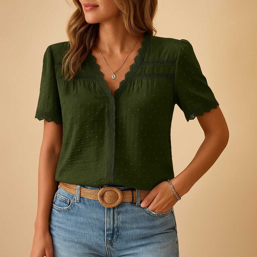 Elegant Lace Trim Blouse with V-Neckline and Swiss Dot Texture