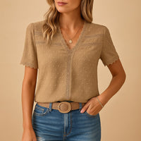 Elegant Lace Trim Blouse with V-Neckline and Swiss Dot Texture