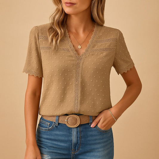 Elegant Lace Trim Blouse with V-Neckline and Swiss Dot Texture
