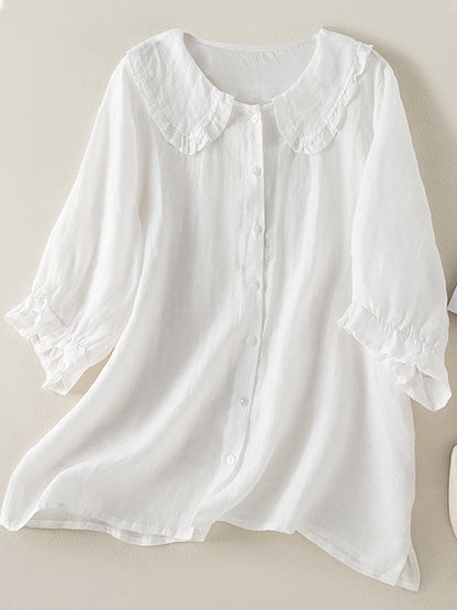Elegant Linen Blouse with Peter Pan Collar and Ruffle Cuffs