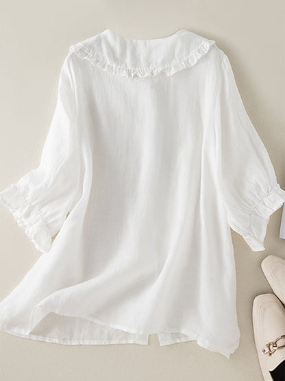 Elegant Linen Blouse with Peter Pan Collar and Ruffle Cuffs