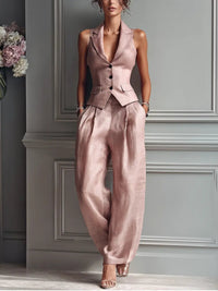 Elegant Linen Two Piece Set with Tailored Waistcoat and Wide Leg Trousers