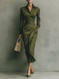 Elegant Long Sleeve Shirt Midi Dress with Ruched Waist