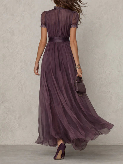 Elegant Maxi Dress with Lace Trim and Satin Waist Belt