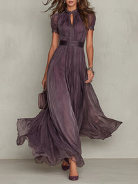 Elegant Maxi Dress with Lace Trim and Satin Waist Belt