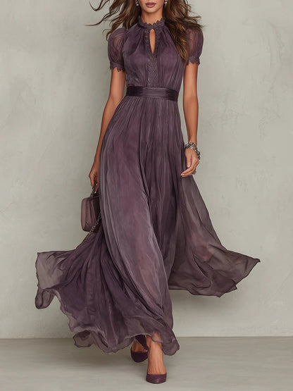 Elegant Maxi Dress with Lace Trim and Satin Waist Belt