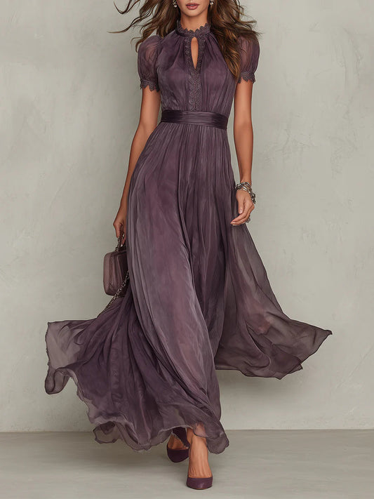 Elegant Maxi Dress with Lace Trim and Satin Waist Belt