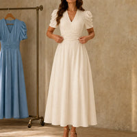 Elegant Midi Dress with Puff Sleeves, V-Neckline and Gathered Waist