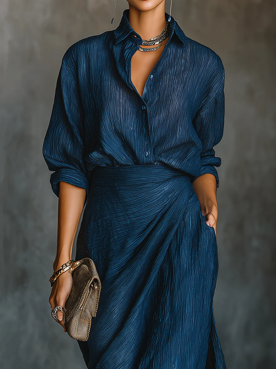 Elegant Navy Blue Maxi Dress with Draped Skirt and Shirt Collar