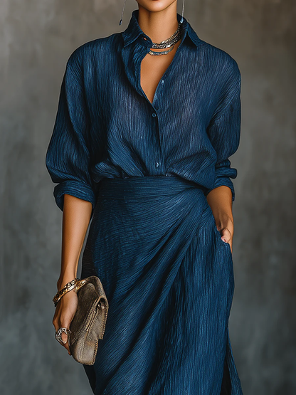 Elegant Navy Blue Maxi Dress with Draped Skirt and Shirt Collar