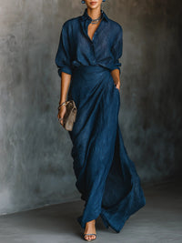 Elegant Navy Blue Maxi Dress with Draped Skirt and Shirt Collar