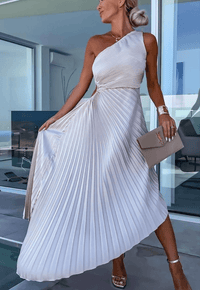 Elegant One Shoulder Pleated Midi Dress with Cut-Out Waist