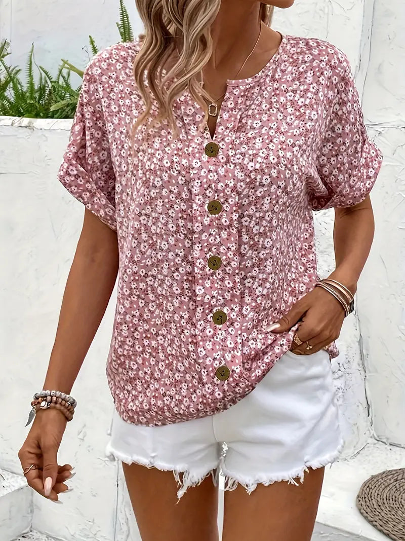 Elegant Pink Ditsy Floral Button-Up Blouse