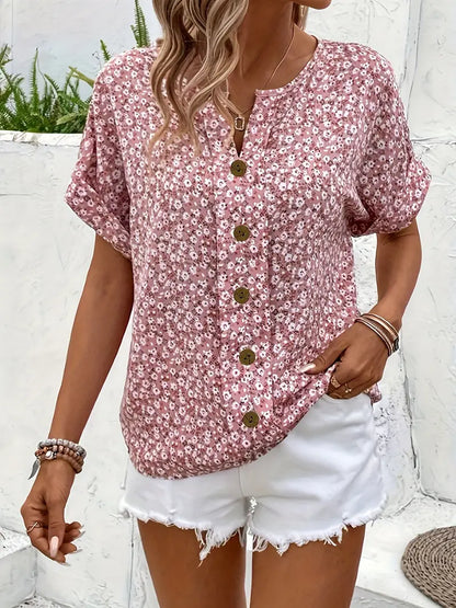 Elegant Pink Ditsy Floral Button-Up Blouse