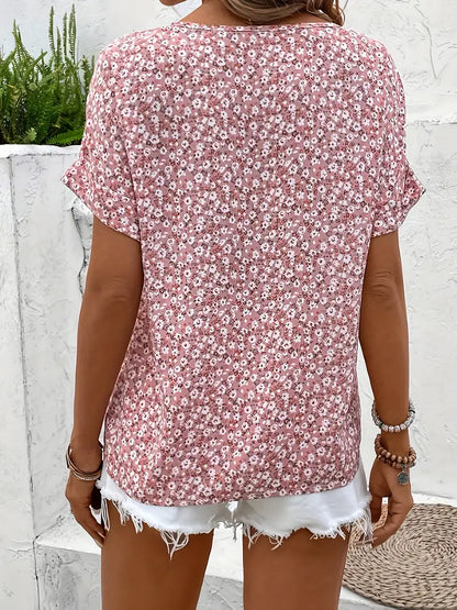 Elegant Pink Ditsy Floral Button-Up Blouse