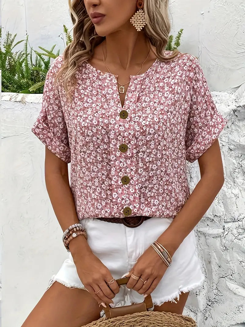 Elegant Pink Ditsy Floral Button-Up Blouse