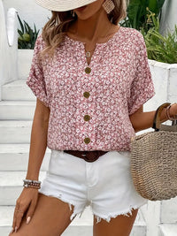 Elegant Pink Ditsy Floral Button-Up Blouse