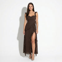 Elegant Ruffle Maxi Dress with Sweetheart Neckline and High Slit