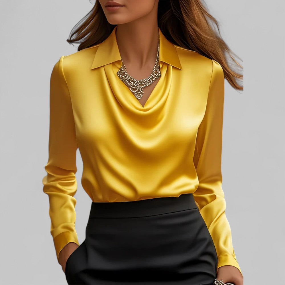 Elegant Satin Blouse with Cowl Neck and Classic Collar
